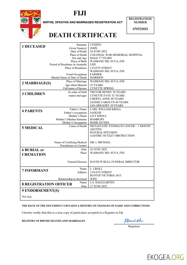 Modèle Word et PDF de certificat de décès de l'état civil des Fidji